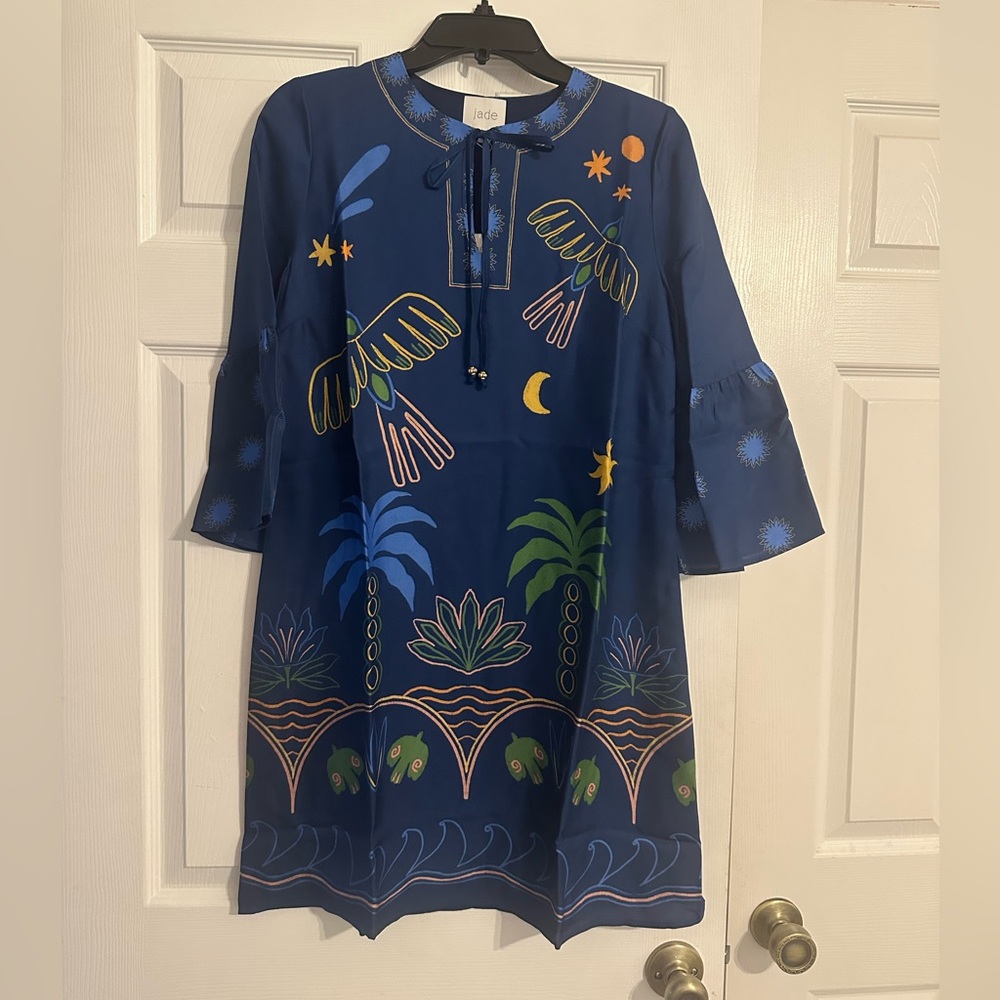 NWT Johnny Was Jade Lorraine Navy Dress with Vibrant Bird Motif